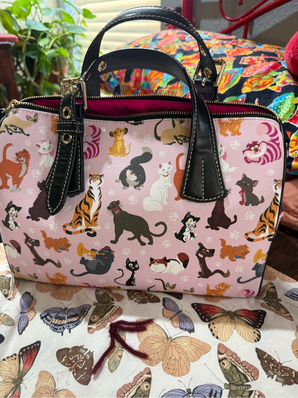 Dooney & Bourke Pink Multi-Cat Printed Satchel with Black Trim - Picture 3 of 5